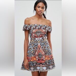 Comino Couture Bardot Vtg A Line Sz 16 Folk Print Cocktail Party Mini Dress